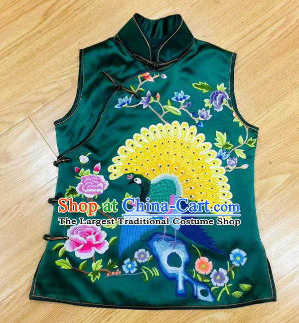 Chinese Traditional Costume Tang Suit Embroidered Green Silk Vest for Women