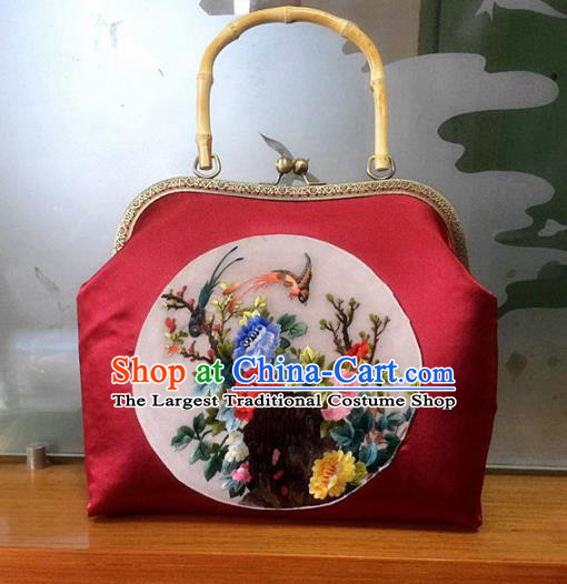 Chinese Traditional Embroidered Peony Red Handbag Handmade Embroidery Craft