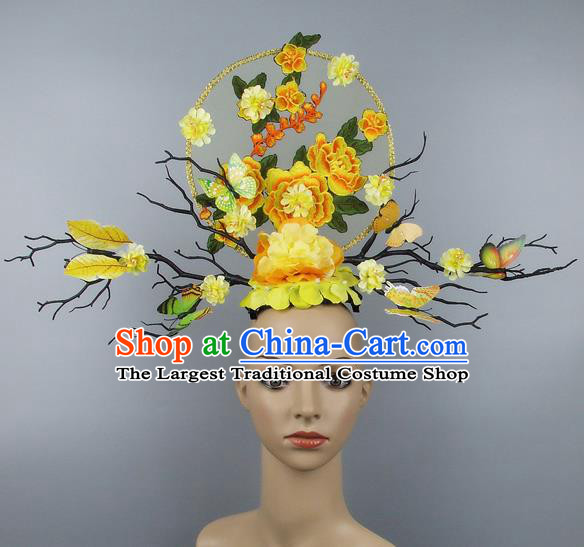 Asian Chinese Traditional Hair Accessories Stage Performance Exaggerated Yellow Peony Headdress for Women
