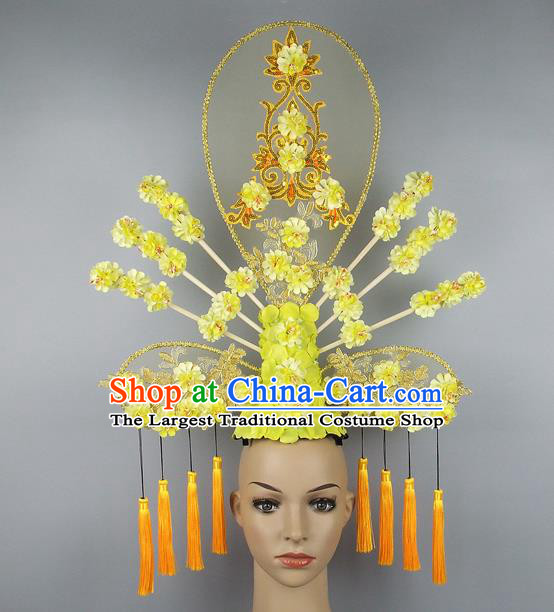Asian Chinese Traditional Hair Accessories Stage Performance Exaggerated Yellow Flowers Headdress for Women
