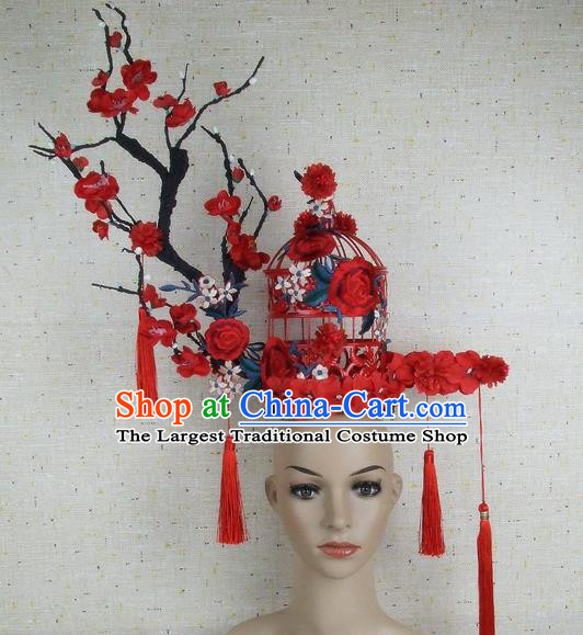 Asian Chinese Traditional Palace Hair Accessories Catwalks Red Flowers Exaggerated Headdress for Women