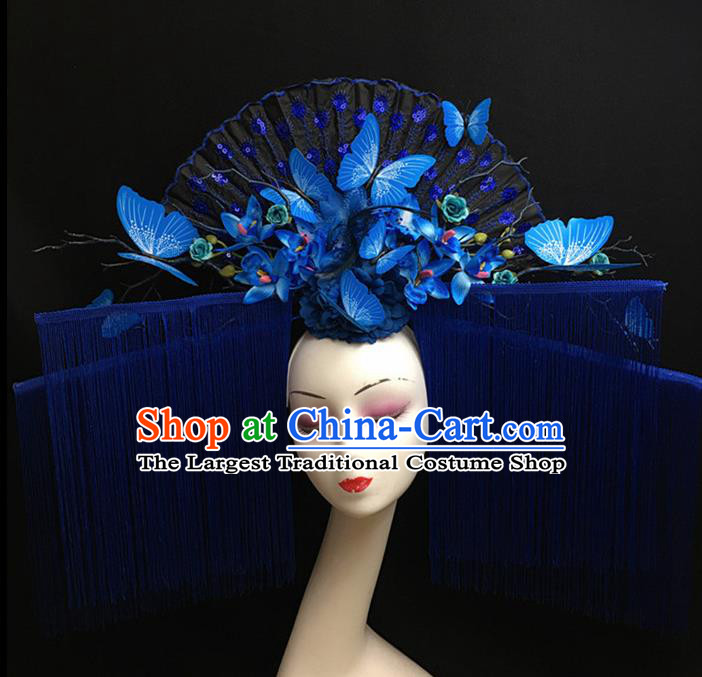 Top Halloween Hair Accessories Chinese Traditional Catwalks Blue Tassel Butterfly Headdress for Women