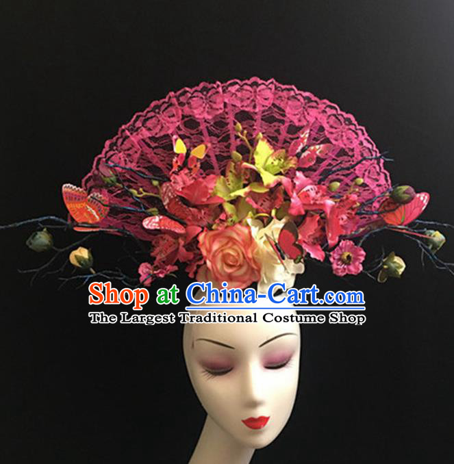Top Halloween Stage Show Giant Pink Lace Hair Accessories Chinese Traditional Catwalks Headpiece for Women
