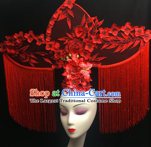 Top Halloween Stage Show Giant Hair Accessories Chinese Traditional Catwalks Red Peony Tassel Headpiece for Women