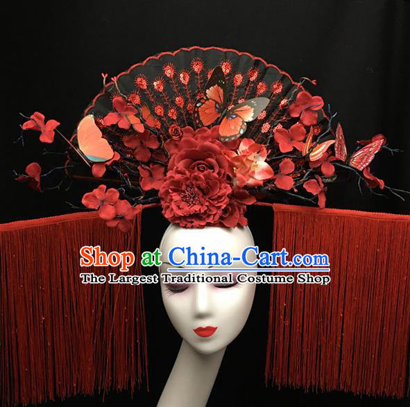 Top Halloween Red Tassel Giant Hair Accessories Stage Show Chinese Traditional Palace Catwalks Headpiece for Women