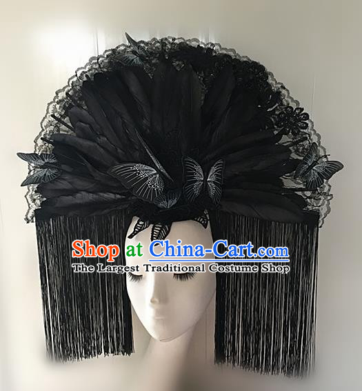Top Halloween Black Feather Tassel Giant Hair Accessories Stage Show Chinese Traditional Palace Catwalks Headpiece for Women