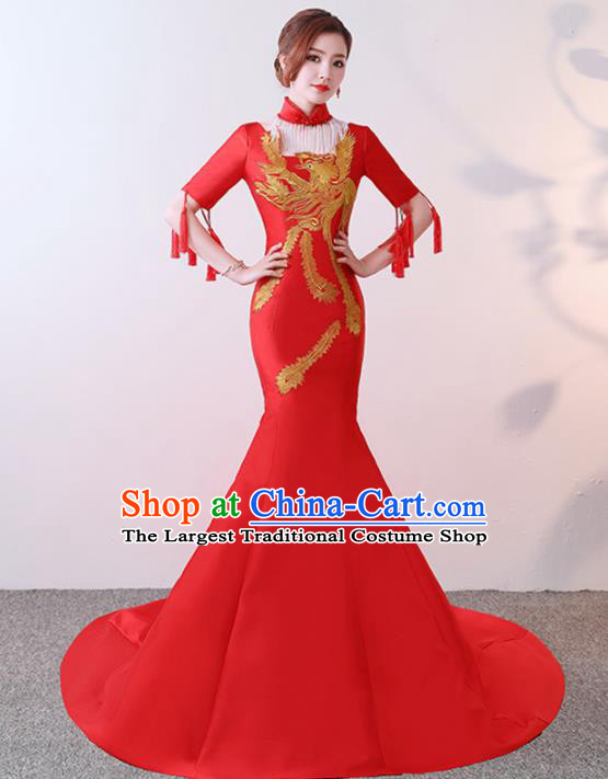 Chinese Traditional Costumes Elegant Red Full Dress Compere Qipao Dress for Women