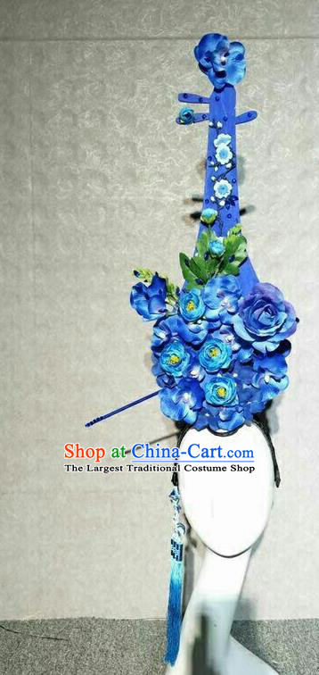 Asian Chinese Traditional Hair Accessories Catwalks Lute Blue Peony Headdress for Women