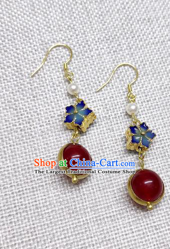 Chinese Traditional Hanfu Red Bead Cloisonne Earrings Ancient Princess Ear Accessories for Women
