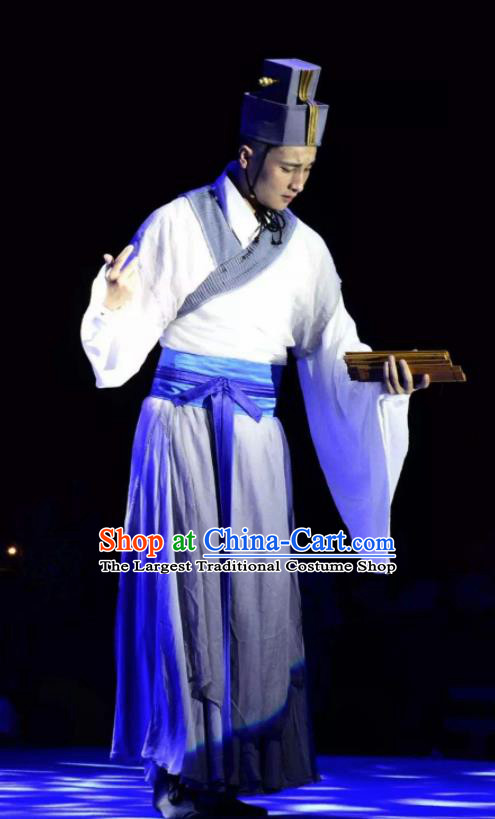 Chinese Ancient Eastern Han Dynasty Minister Cai Lun White Hanfu Costumes Complete Set