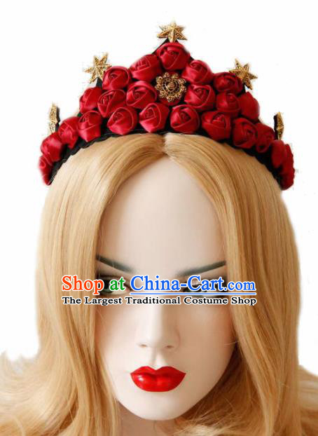 Halloween Handmade Cosplay Queen Red Silk Roses Royal Crown Fancy Ball Stage Show Headwear for Women