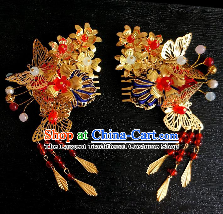 Chinese Ancient Ming Dynasty Princess Golden Butterfly Tassel Hair Combs Hairpins Traditional Hanfu Court Hair Accessories for Women