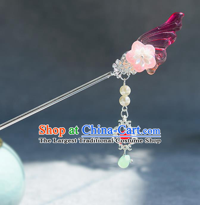 Chinese Ancient Ming Dynasty Princess Rosy Wing Tassel Hairpins Traditional Hanfu Court Hair Accessories for Women