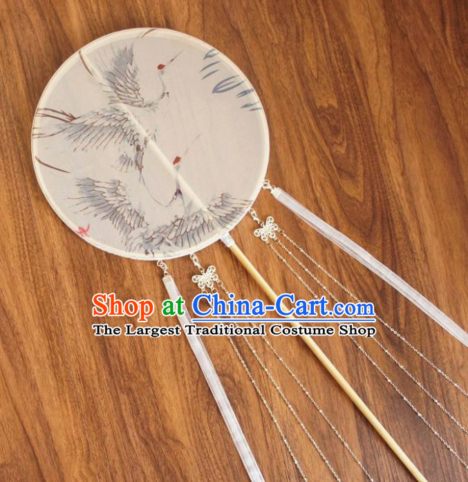 Chinese Traditional Hanfu White Ribbon Palace Fans Ancient Princess Silk Round Fan for Women
