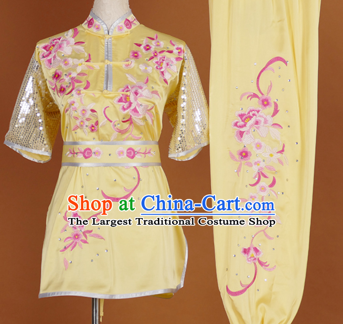 China Classical Embroidered Short Sleeves Martial Arts Clothing Kung Fu Dress Wushu Suits Stage Performance Championship Competition Full Set for Girls Women