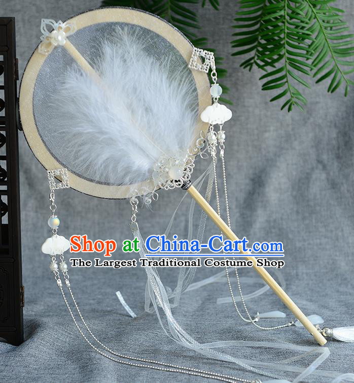 Chinese Traditional Hanfu Court Fans Ancient Ming Dynasty Princess White Feather Palace Fan for Women
