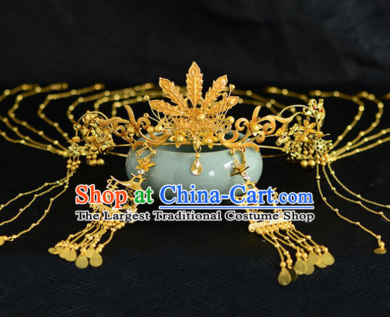Chinese Ancient Tang Dynasty Palace Princess Golden Phoenix Coronet Hairpins Traditional Hanfu Court Hair Accessories for Women