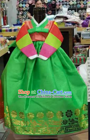 Traditional Korean Hanbok Clothing Pink Brocade Blouse and Green Dress Asian Korea Ancient Fashion Apparel Costume for Kids