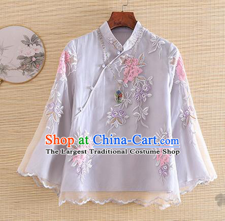 Chinese Traditional Tang Suit Embroidered Lilac Blouse National Costume Qipao Upper Outer Garment for Women