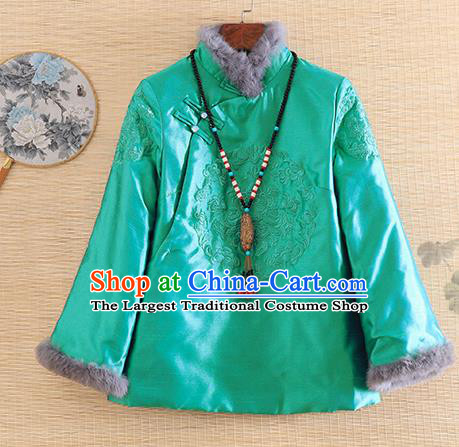 Chinese Traditional Embroidered Green Quilted Jacket National Costume Qipao Upper Outer Garment for Women
