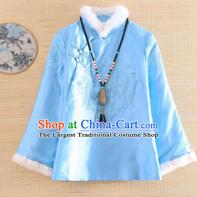 Chinese Traditional Embroidered Light Blue Quilted Jacket National Costume Qipao Upper Outer Garment for Women