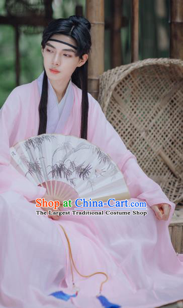 Traditional Chinese Ming Dynasty Scholar Historical Costumes Ancient Civilian Pink Hanfu Clothing for Men