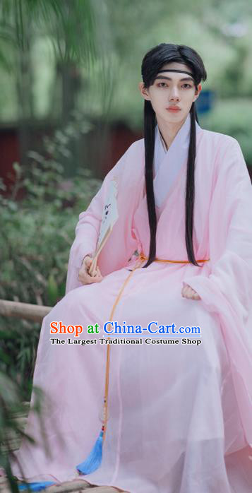 Traditional Chinese Ming Dynasty Scholar Historical Costumes Ancient Civilian Pink Hanfu Clothing for Men