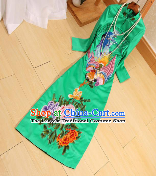 Traditional Chinese National Embroidered Phoenix Peony Green Qipao Dress Tang Suit Cheongsam Costume for Women