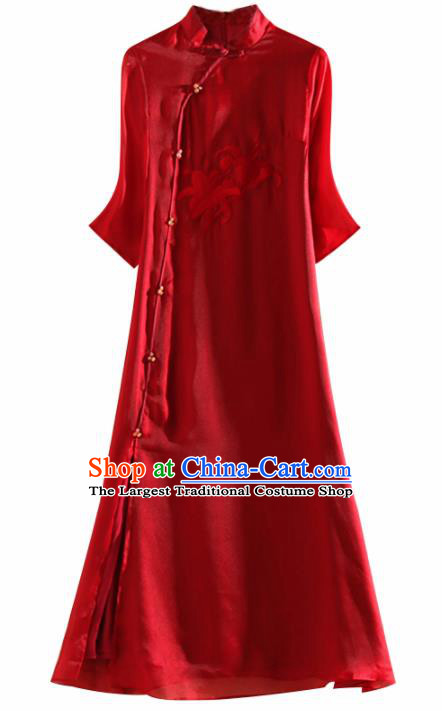 Chinese Traditional Tang Suit Embroidered Lily Flowers Red Organza Cheongsam National Costume Qipao Dress for Women