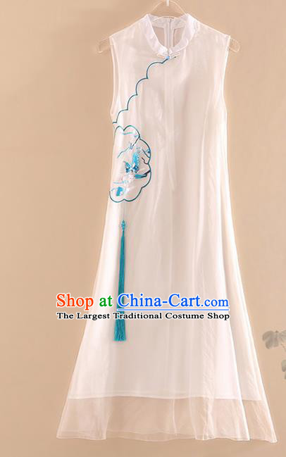 Chinese Traditional Tang Suit Embroidered Butterfly Plum White Cheongsam National Costume Qipao Dress for Women