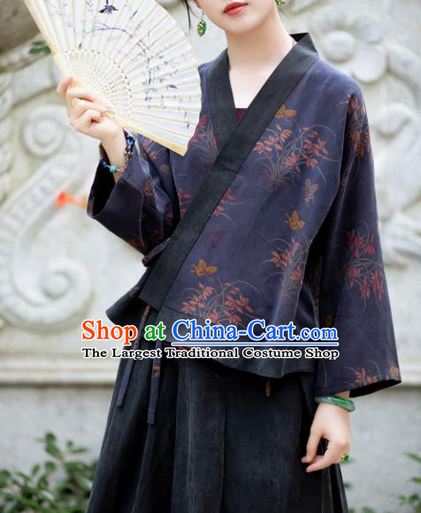 Chinese Traditional Tang Suit Printing Navy Silk Blouse National Costume Republic of China Qipao Upper Outer Garment for Women