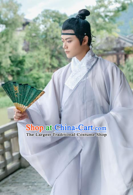 Traditional Chinese Ming Dynasty Scholar Grey Robe Ancient Nobility Childe Taoist Priest Historical Costumes for Men
