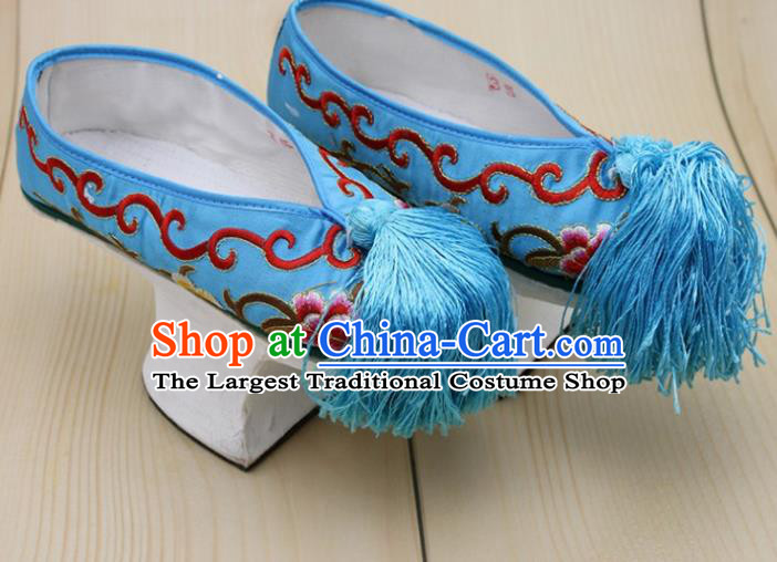 Chinese Ancient Court Princess Blue Shoes Traditional Qing Dynasty Imperial Consort Embroidered Shoes for Women