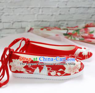Chinese National Wedding Embroidered Lotus Red Shoes Ancient Traditional Princess Shoes Hanfu Shoes for Women