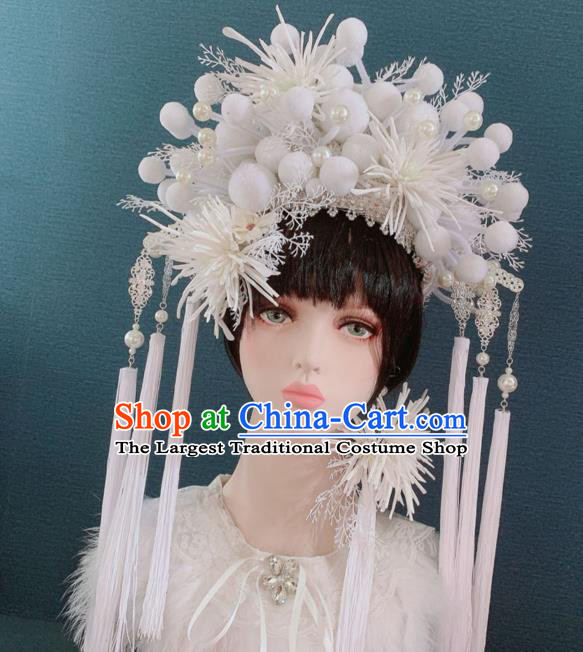 Traditional Chinese Deluxe Palace White Venonat Phoenix Coronet Hair Accessories Halloween Stage Show Headdress for Women