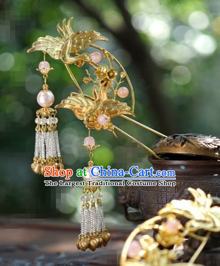 Traditional Chinese Handmade Court Golden Crane Tassel Hairpins Hair Accessories Ancient Hanfu Hair Clip for Women