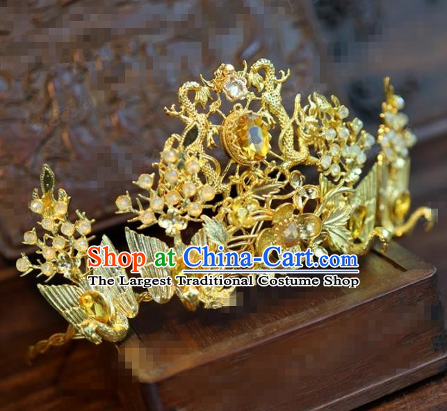 Traditional Chinese Ancient Bride Golden Hair Crown Handmade Hanfu Court Queen Hairpins Hair Accessories for Women