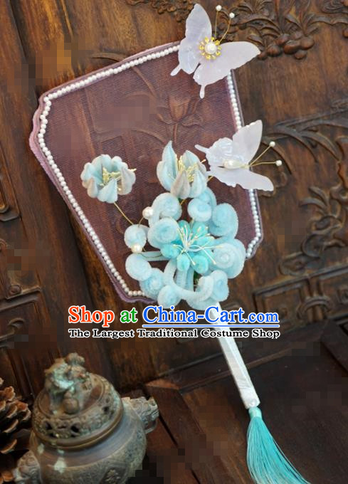 Traditional Chinese Handmade Court Blue Chrysanthemum Palace Fan Ancient Bride Wedding Fans for Women