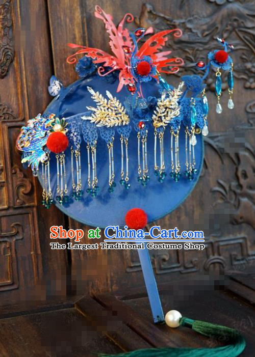 Traditional Chinese Handmade Court Wedding Blue Round Fans Ancient Bride Palace Fan Accessories for Women