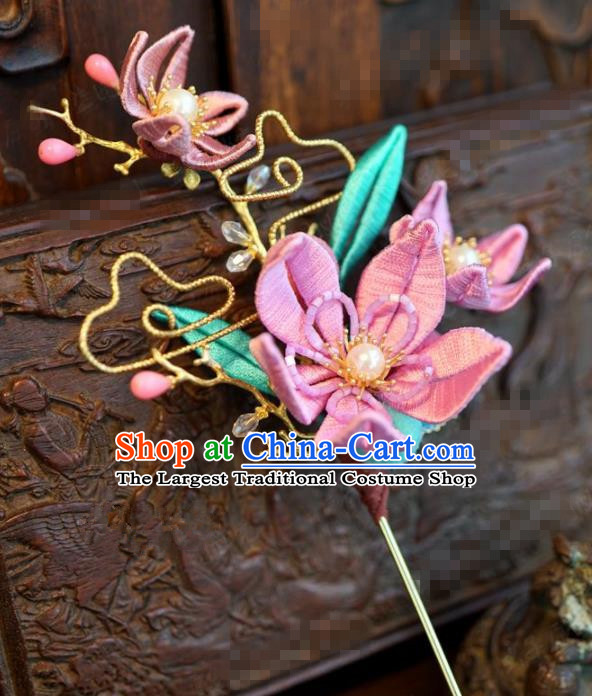 Traditional Chinese Ancient Bride Pink Flower Hair Clip Hanfu Court Queen Hairpins Handmade Hair Accessories for Women