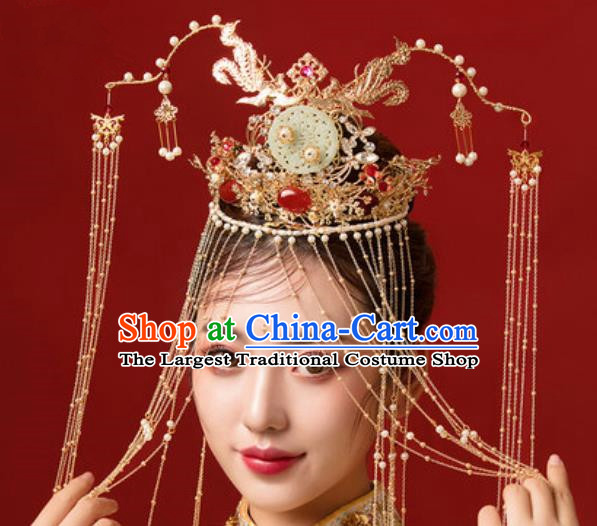 Traditional Chinese Wedding Jade Phoenix Coronet Hair Accessories Ancient Bride Tassel Hairpins Complete Set