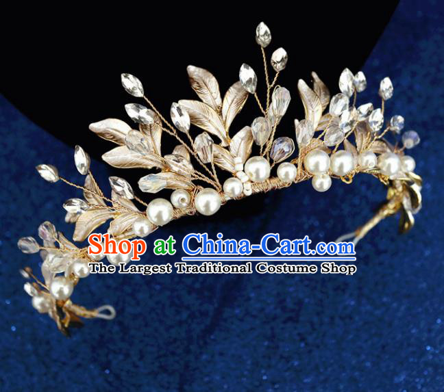 Handmade Baroque Princess Golden Leaf Pearls Royal Crown Children Hair Clasp Hair Accessories for Kids