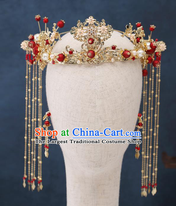 Traditional Chinese Wedding Handmade Red Beads Phoenix Coronet Ancient Bride Hairpins Hair Accessories Complete Set