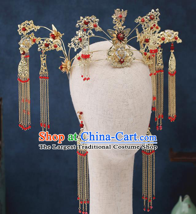 Traditional Chinese Wedding Handmade Golden Tassel Phoenix Coronet Ancient Bride Hairpins Hair Accessories Complete Set