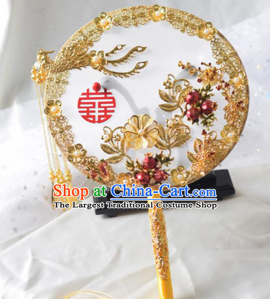Traditional Chinese Handmade Wedding Golden Phoenix Round Fans Ancient Bride Palace Fan for Women