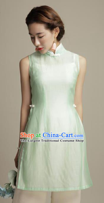 Chinese Traditional Tang Suit Green Silk Blouse Classical National Shirt Upper Outer Garment for Women
