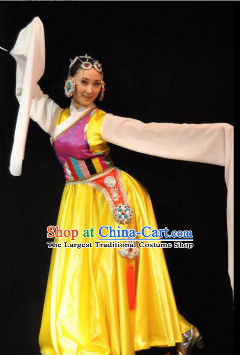 Traditional Chinese Zang Nationality Yellow Costume Tibetan Ethnic Dance Stage Show Dress for Women