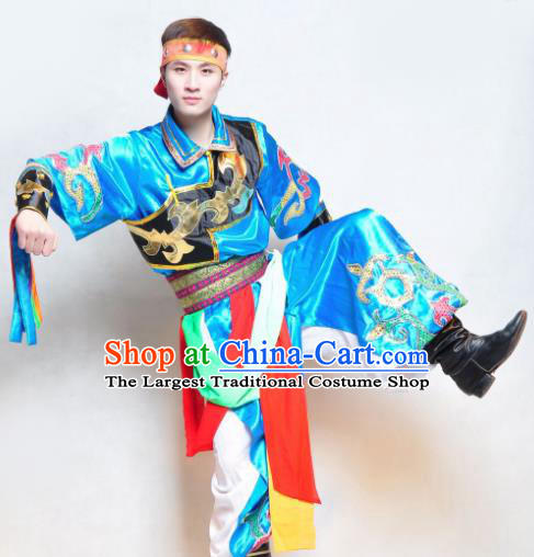 Traditional Chinese Mongol Nationality Blue Costume Mongolian Ethnic Dance Stage Show Clothing for Men