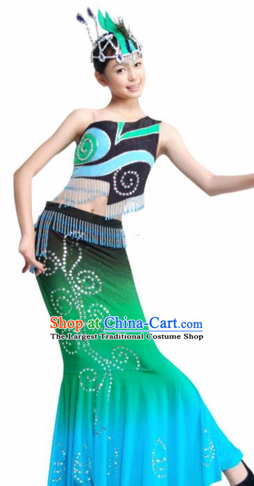 Traditional Chinese Dai Nationality Green Costume Ethnic Peacock Dance Stage Show Dress for Women