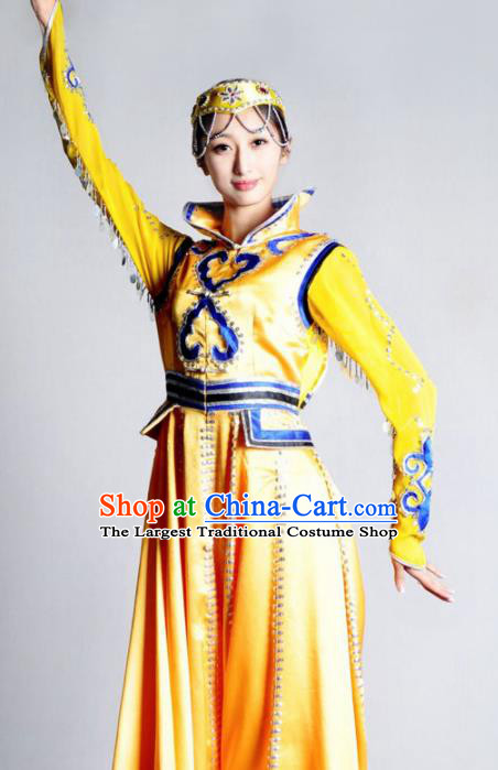 Traditional Chinese Mongolian Nationality Yellow Costume Mongol Ethnic Dance Stage Show Dress for Women